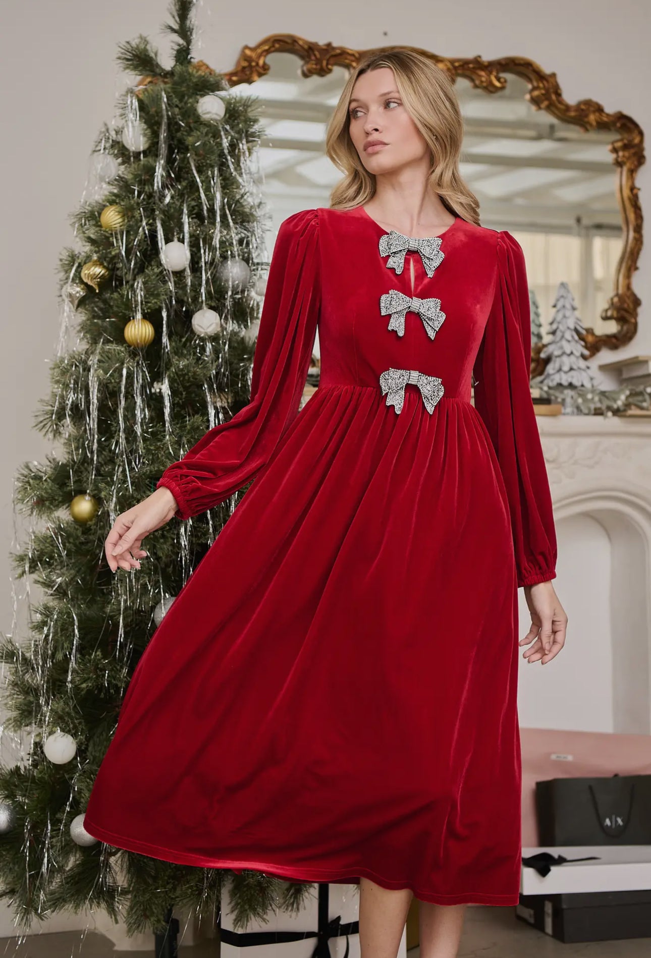 Ruby Velvet Bow Midi Dress