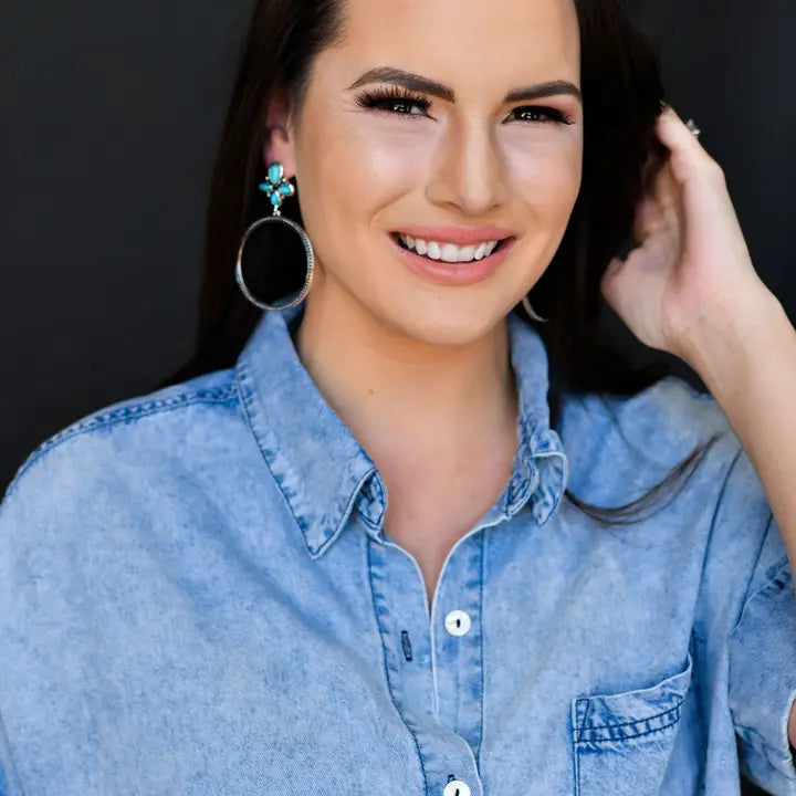 Silver Dotted Hoop Earring On Turquoise Cluster Post