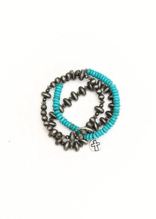 3 Strand Faux Navajo Pearl and Turquoise Stretch Bracelet