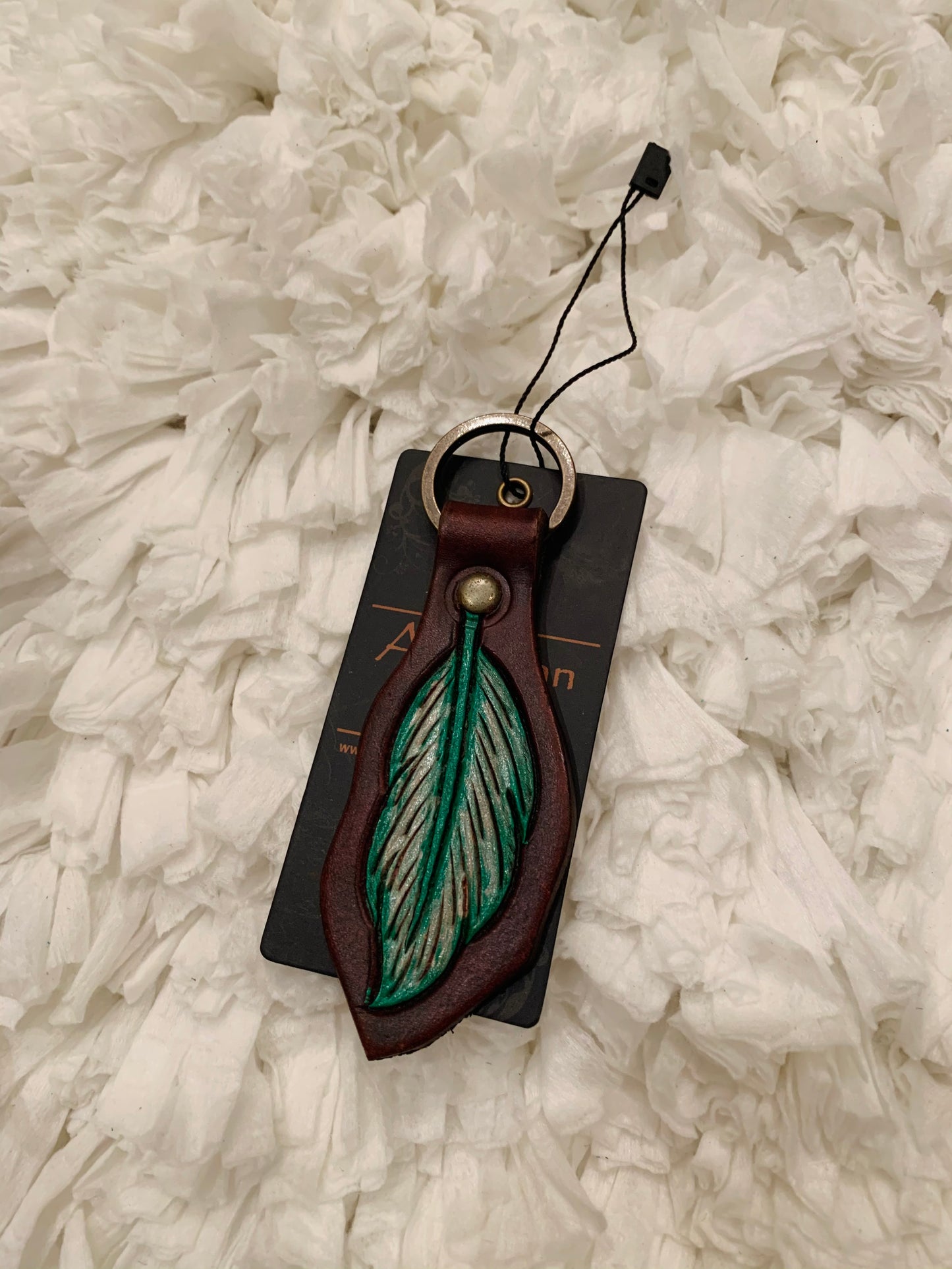 Hand Tooled Green Feather Keychain