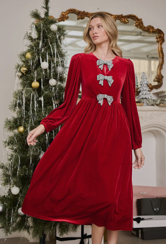 Ruby Velvet Bow Midi Dress