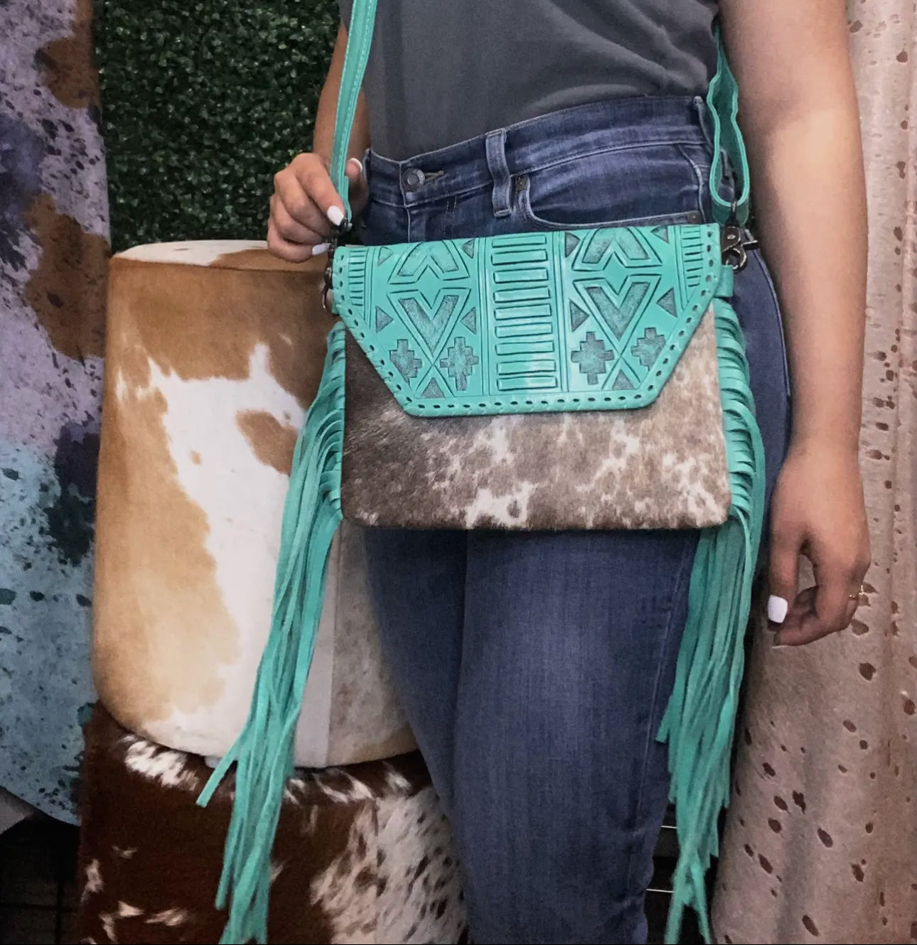 Turquoise Cowhide Crossbody