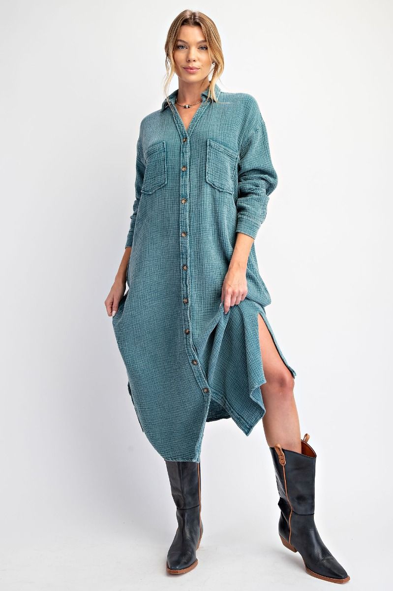 Teal Gauze Buttondown Dress