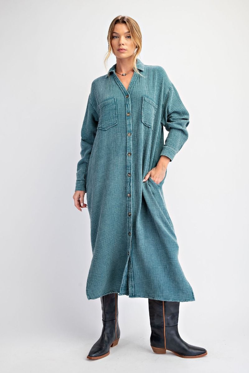 Teal Gauze Buttondown Dress