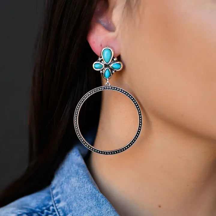 Silver Dotted Hoop Earring On Turquoise Cluster Post