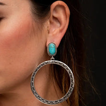 Load image into Gallery viewer, Large Burnished Silver Stamped Hoop Earring On Turquoise
