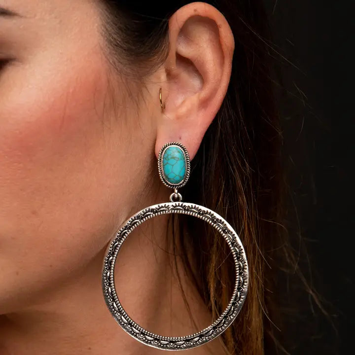 Large Burnished Silver Stamped Hoop Earring On Turquoise