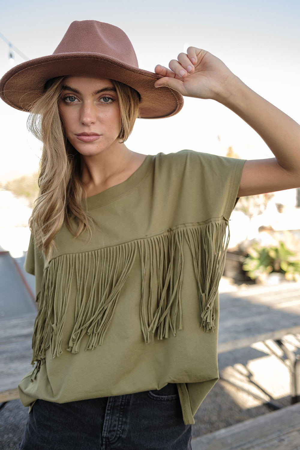 Olive Fringe Top