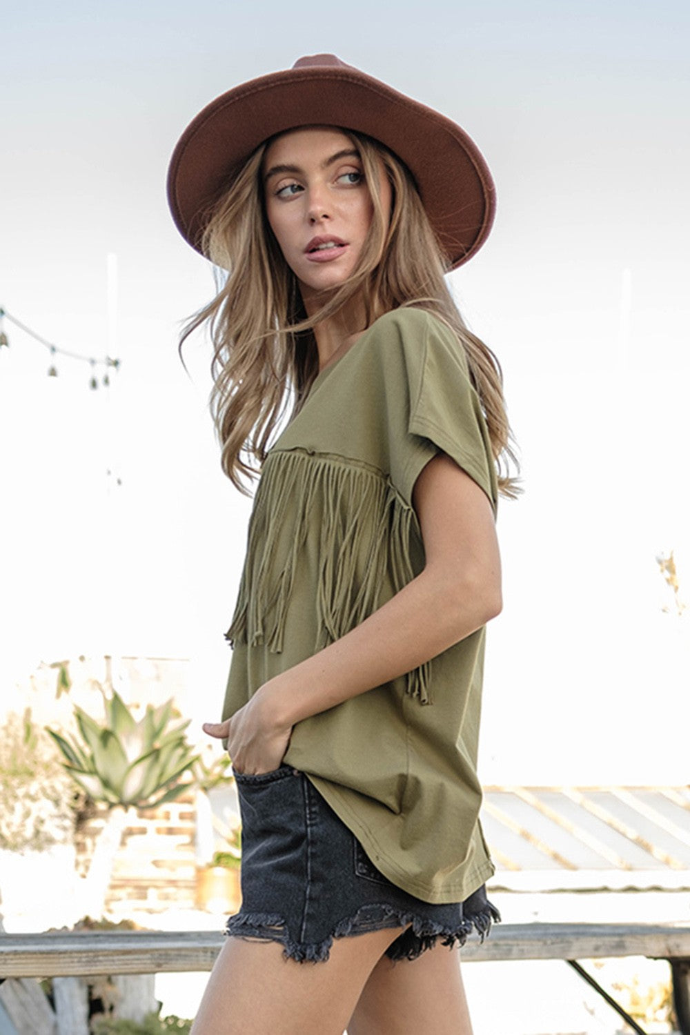 Olive Fringe Top