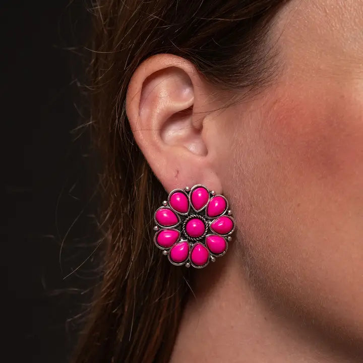 Burnished Silver and Pink Flower Stud Earring