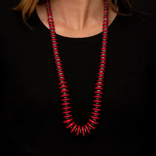 36" Red and Faux Navajo Pearl Graduated Disc Necklace