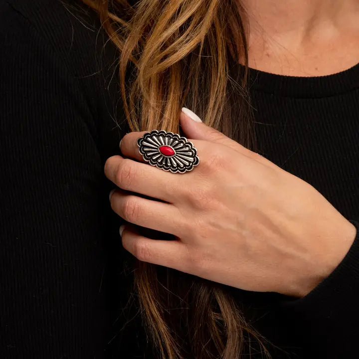 Adjustable Oval Concho Ring with Red Accent