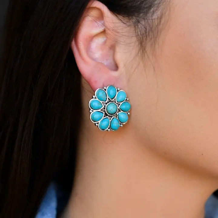 Burnished Silver and Turquoise Flower Stud Earrings