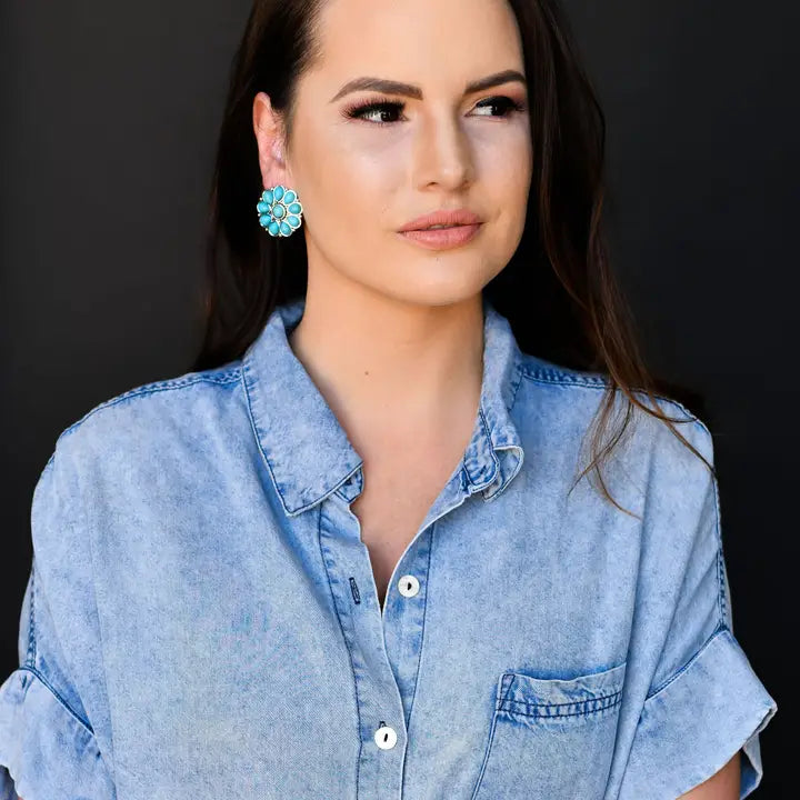 Burnished Silver and Turquoise Flower Stud Earrings